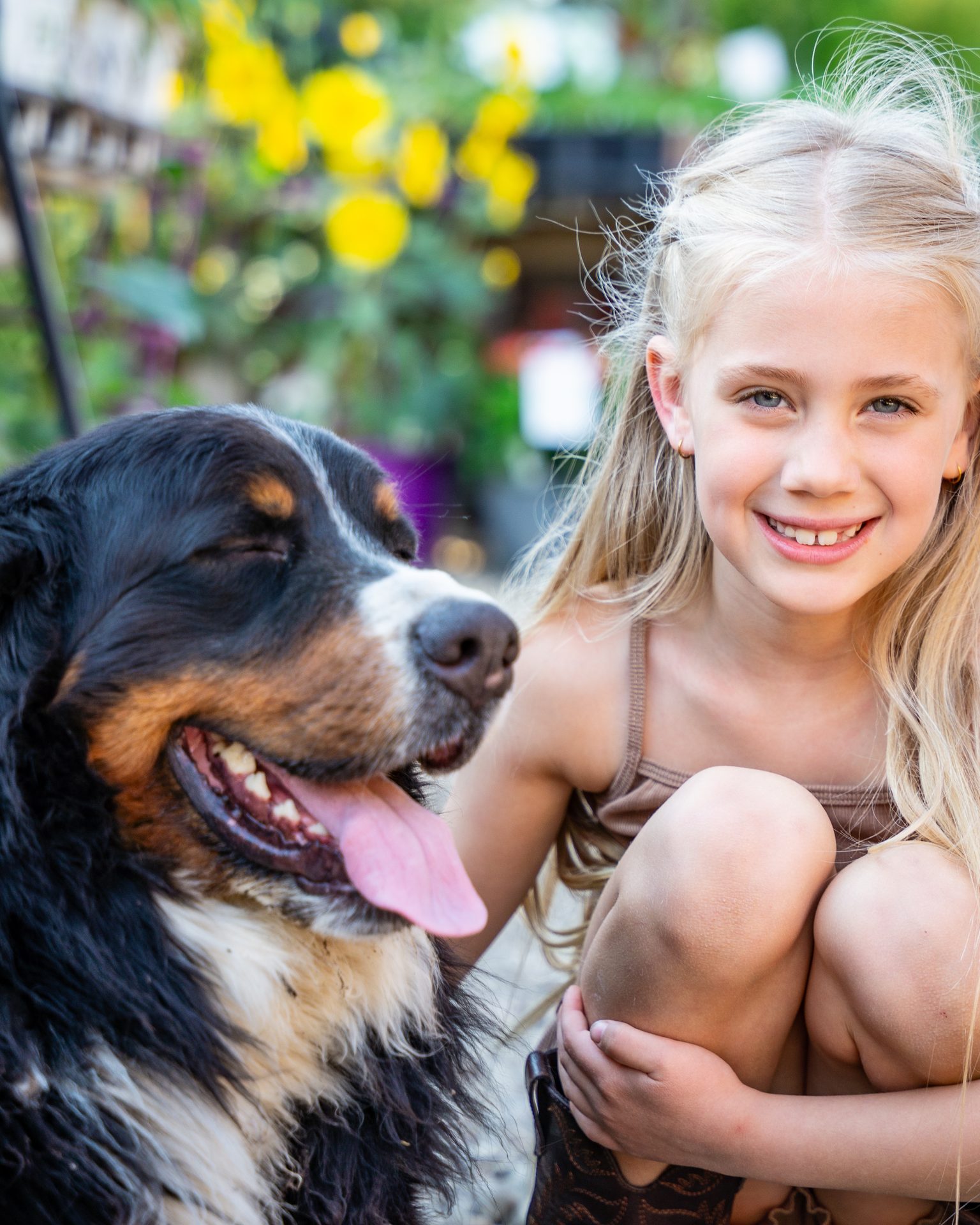 Smiling girl crouched beside a Bernese mountain dog, Saskatoon family photos